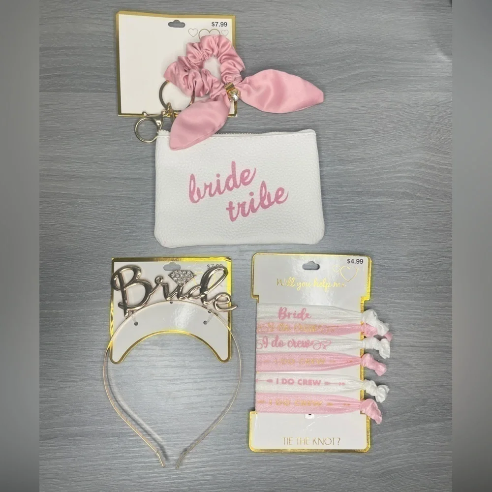 Bridal Gold Headpiece, 6pc Hair Ties, Bride Tribe Pouch with Scrunchie